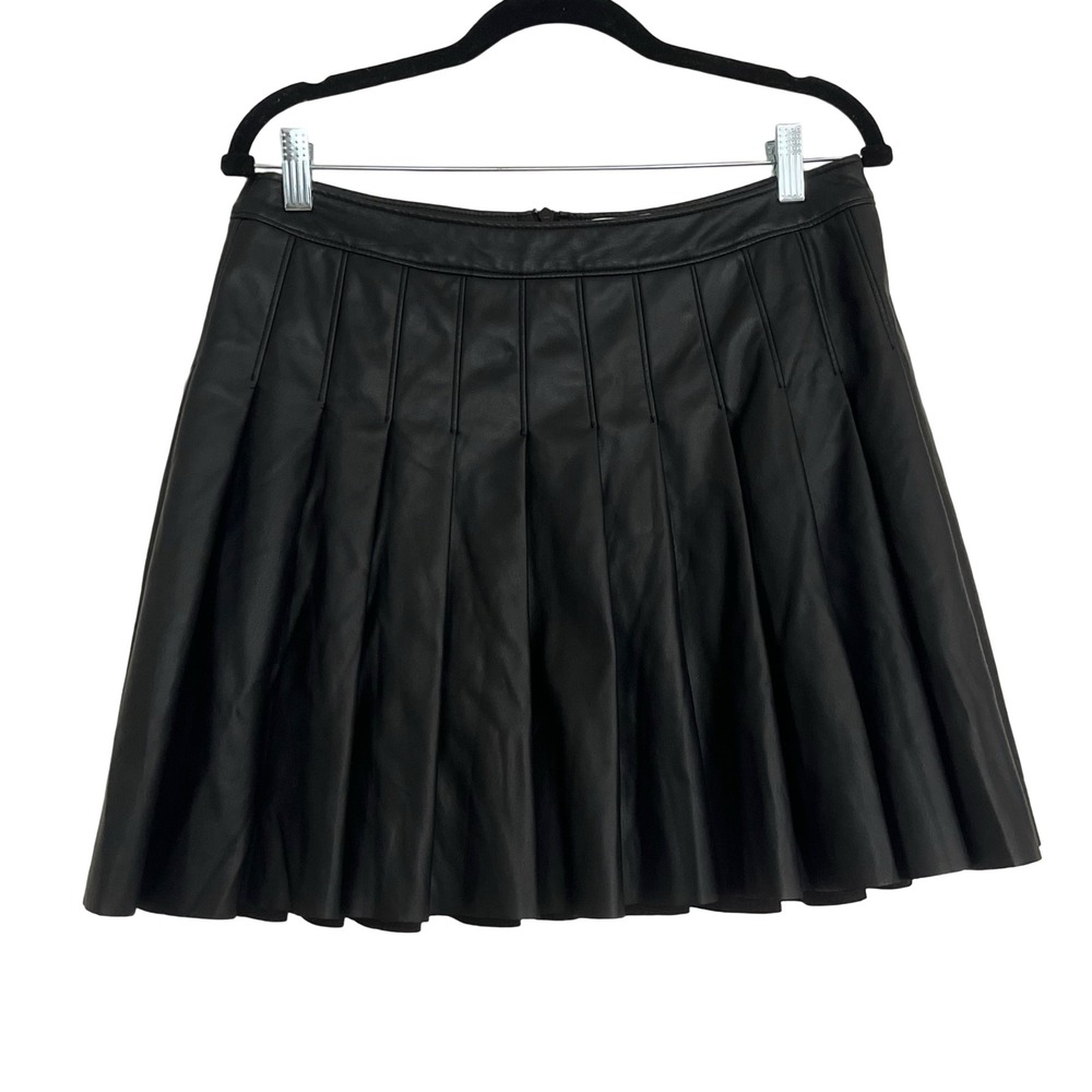 Topshop Pleated Mini Skirt Womens 10 Black Excellent Faux Leather Skater Skirt